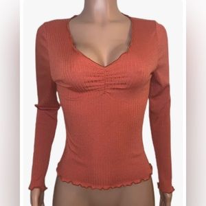 Sexy Casual Basic Pumpkin L/s Ribbed Pinched Lettuce Edge Hem Cleavage Top Nwt